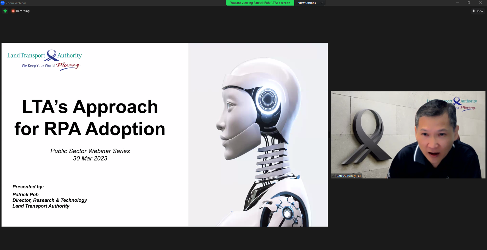 Zoom webinar slide titled LTA's Approach for RPA Adoption, with a humanoid robot and presenter Patrick Poh on screen.